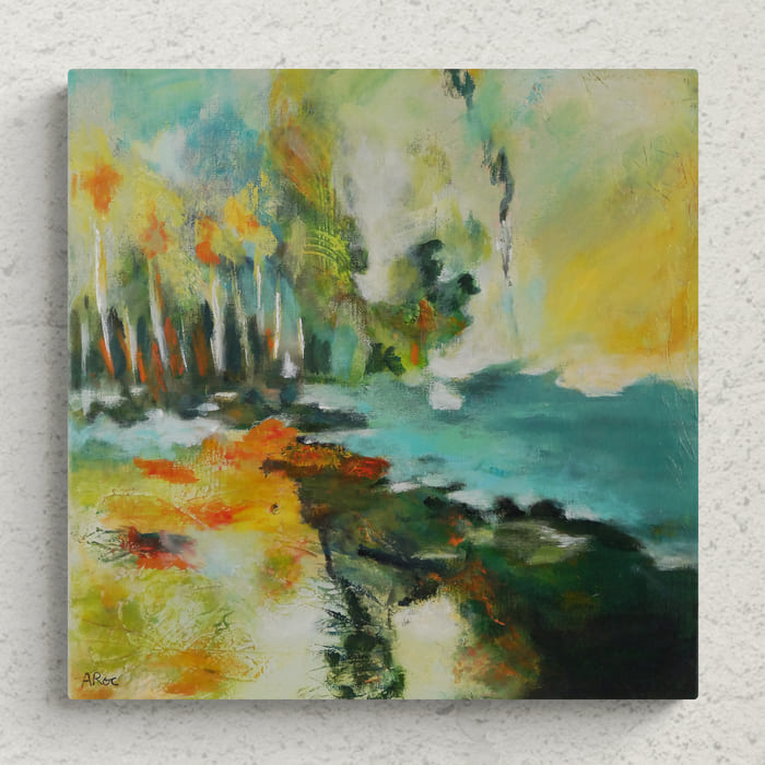 Angennes 1, mise en situation de la peinture acrylique abstraite inspirée par une balade estivale caniculaire au cœur de la forêt de Rambouillet, aux alentours des rochers d’Angennes à Poigny-la-Forêt dans les Yvelines