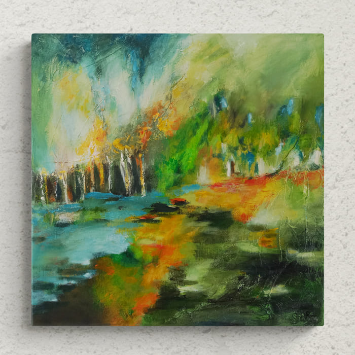 "Angennes 2", mise en situation de la peinture acrylique abstraite inspirée par une balade estivale caniculaire au cœur de la forêt de Rambouillet, aux alentours des rochers d’Angennes à Poigny-la-Forêt dans les Yvelines