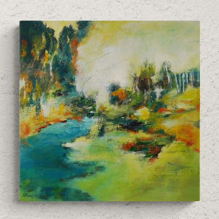 Angennes 3, mise en situation de la peinture acrylique semi abstraite inspirée par une balade estivale caniculaire au cœur de la forêt de Rambouillet, aux alentours des rochers d’Angennes à Poigny-la-Forêt dans les Yvelines