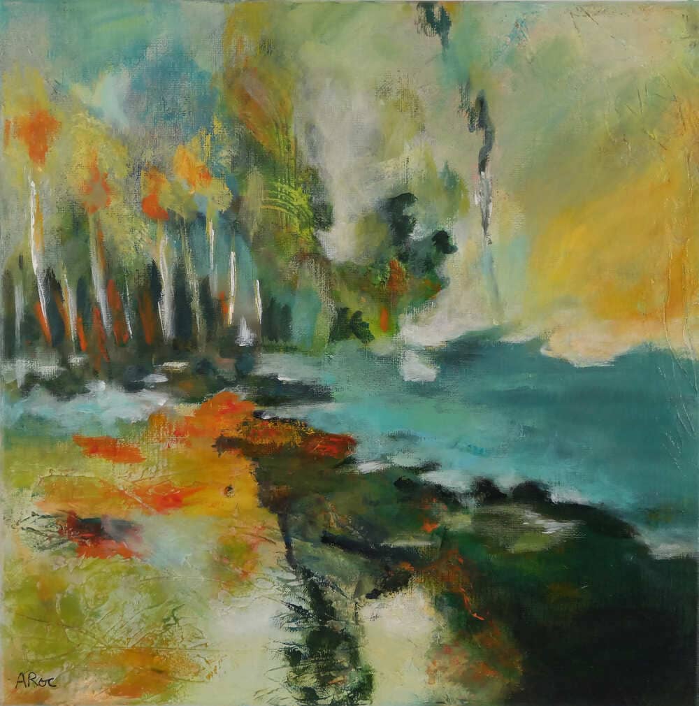Angennes 1, Peinture acrylique semi-abstraite inspirée par une balade estivale caniculaire au cœur de la forêt de Rambouillet, aux alentours des rochers d’Angennes à Poigny-la-Forêt dans les Yvelines