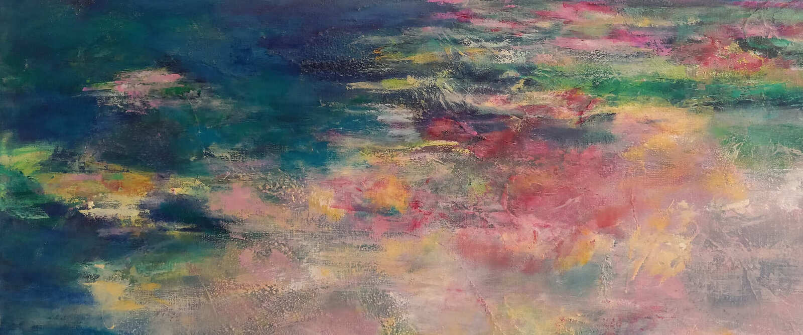 Tableau paysage semi-abstrait intitulé « Là-Bas », œuvre contemporaine originale à l'acrylique inspirée de la nature, Œuvre originale d'Aurélie Rocheta artiste peintre contemporaine