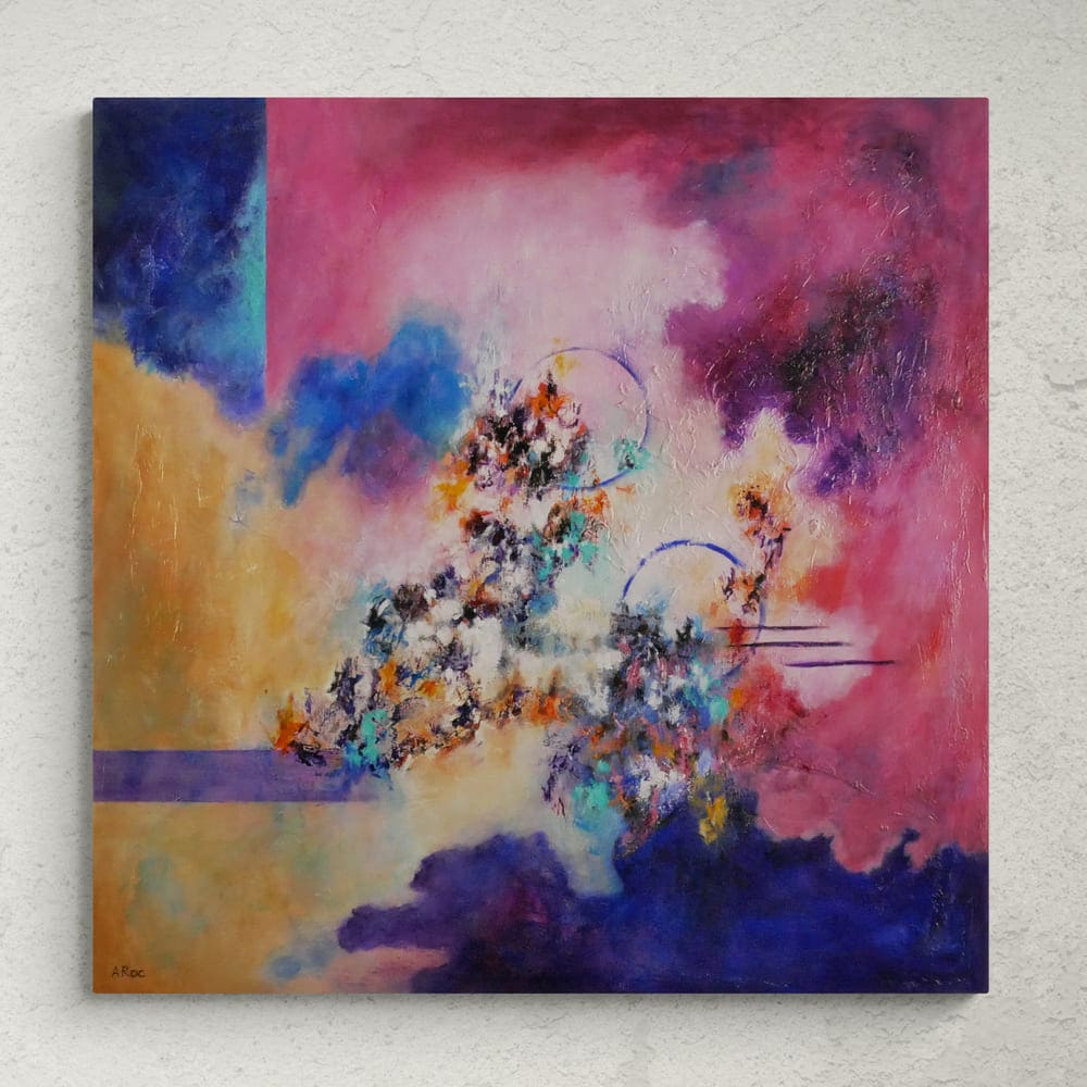 Mise en situation du tableau abstrait contemporain « Chimère », composition colorée aux nuances de rose, de bleu et de violet