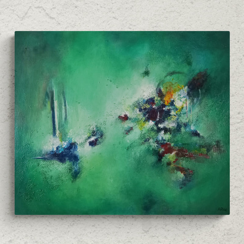 Mise en situation du Tableau abstrait contemporain « Confluence », composition colorée aux nuances de verts évoquant la nature
