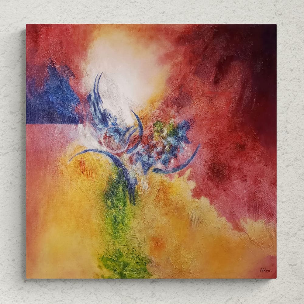 "Délicate attention", mise en situation du tableau abstrait contemporain aux couleurs rose, jaune et bleue