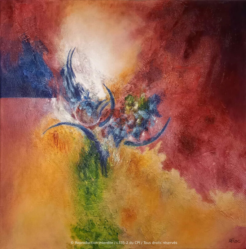 "Épanouissement", tableau abstrait contemporain aux couleurs rose, jaune et bleue