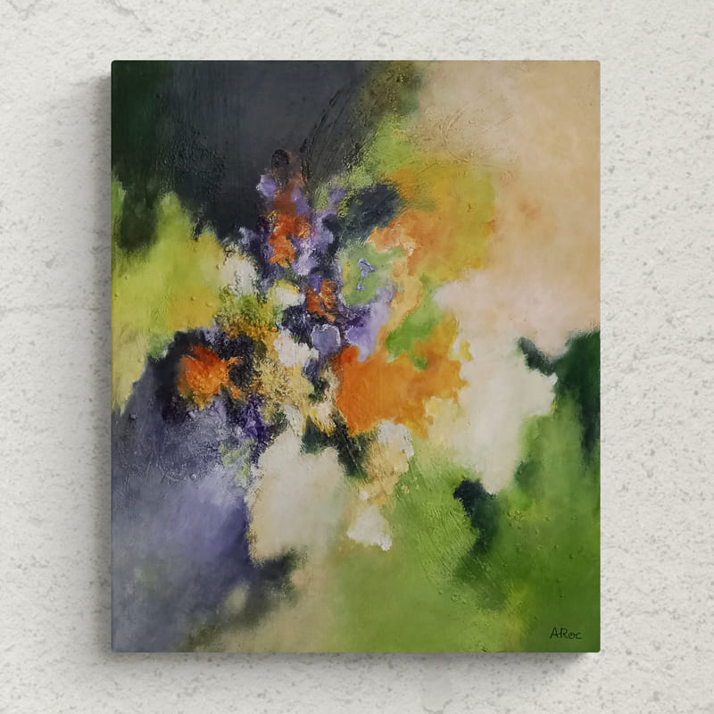 Mise en situation de la peinture acrylique abstraite "Eawy 1" inspirée par un séjour estival familial dans une longère située au cœur de la forêt d’Eawy, dans le pays de Bray en Normandie