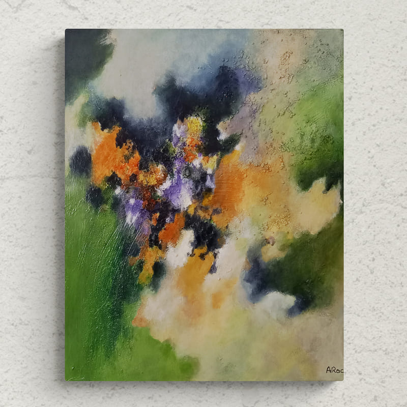 Mise en situation de la peinture acrylique abstraite "Eawy 2" inspirée par un séjour estival familial dans une longère située au cœur de la forêt d’Eawy, dans le pays de Bray en Normandie