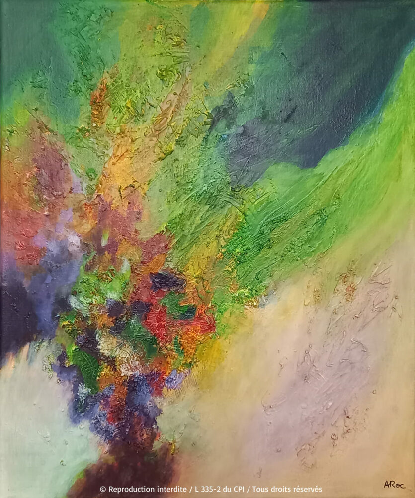 Peinture acrylique abstraite "Eawy 3" inspirée par un séjour estival familial dans une longère située au cœur de la forêt d’Eawy, dans le pays de Bray en Normandie