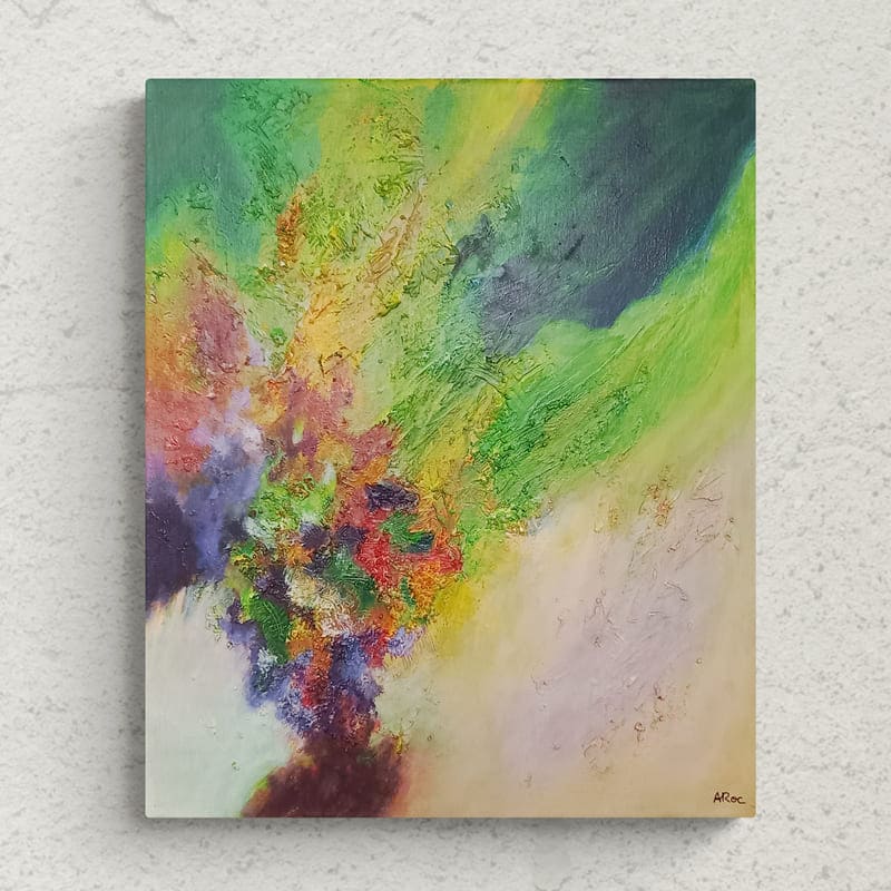 Mise en situation de la peinture acrylique abstraite "Eawy 3" inspirée par un séjour estival familial dans une longère située au cœur de la forêt d’Eawy, dans le pays de Bray en Normandie