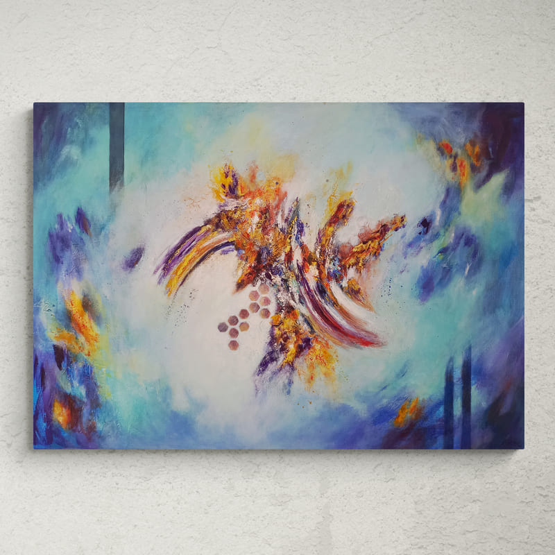 Mise en situation du tableau abstrait contemporain « Effervescence », composition colorée aux nuances de bleue et de jaune et orange
