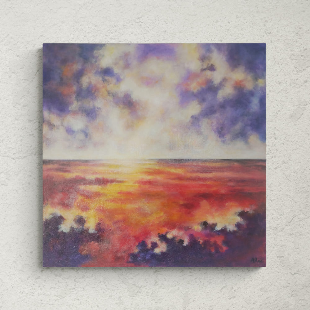Mise en situation de l'&OElig;uvre semi abstraite originale &laquo; En impesanteur &raquo; explorant les harmonies de couleurs et les lignes d'horizon dans une composition contemporaine