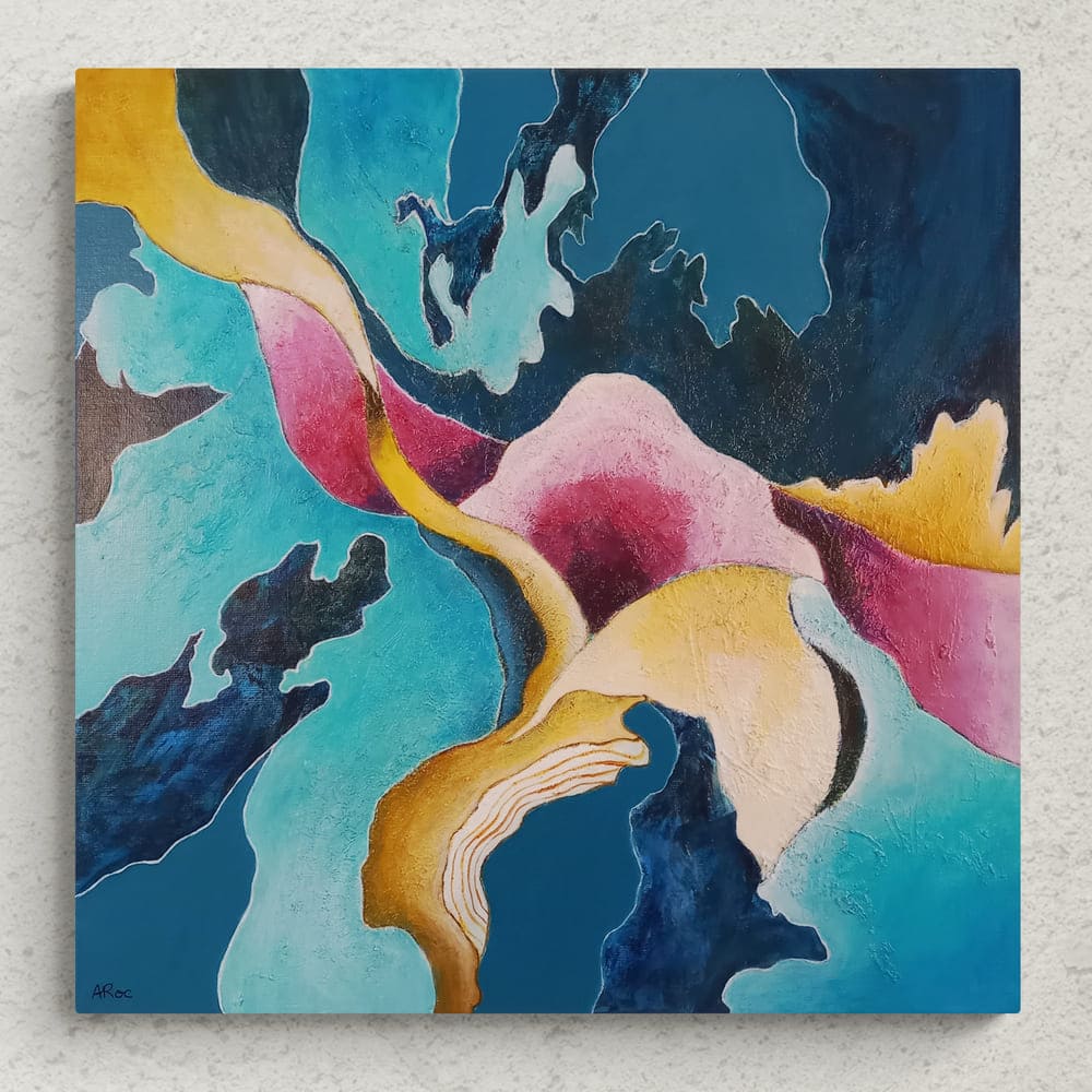 Mise en situation d'Épanouissement, peinture sur toile colorée inspirée par la nature et par l’œuvre de la peintre Georgia O'Keeffe