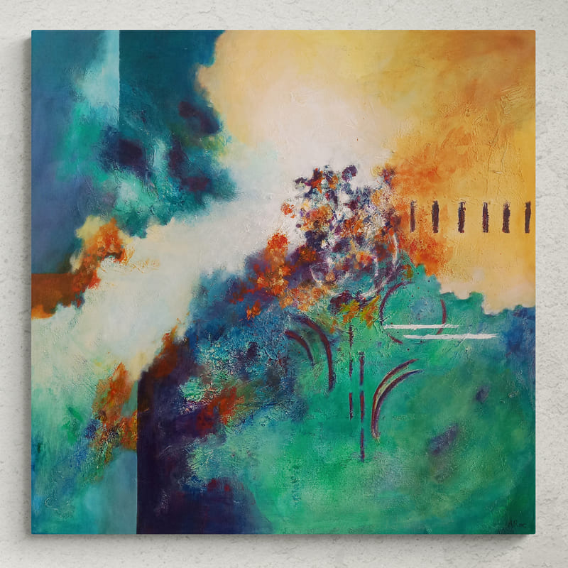 Mise en situation du tableau abstrait contemporain « Éveil », composition colorée aux nuances de vert et de jaune