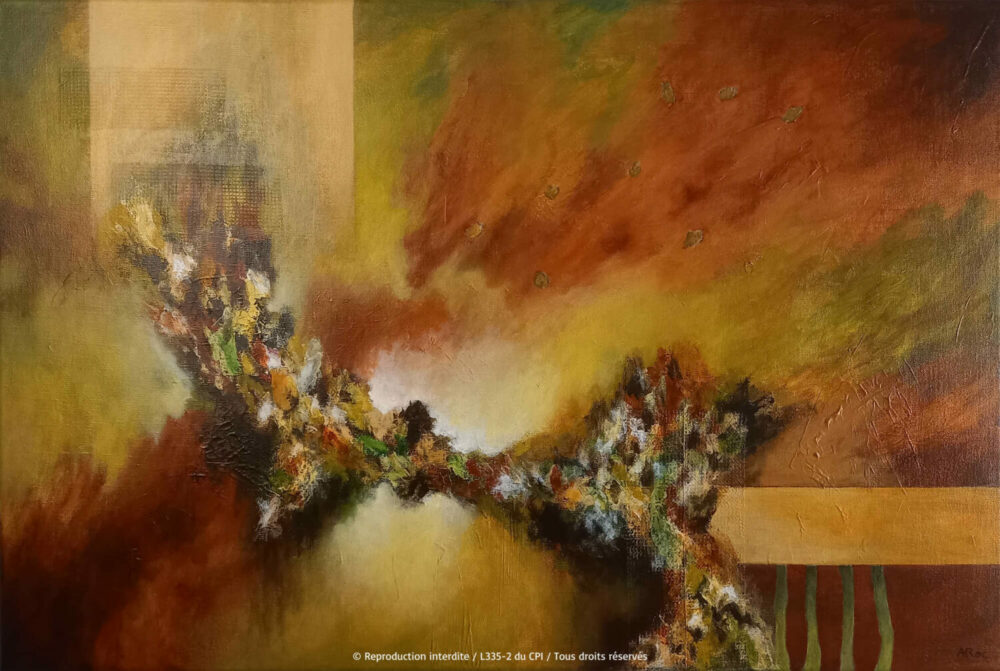 Peinture acrylique abstraite inspirée par une balade en automne au cœur de la forêt de Rambouillet où l'on s'est amusé à découvrir châtaignes et champignons