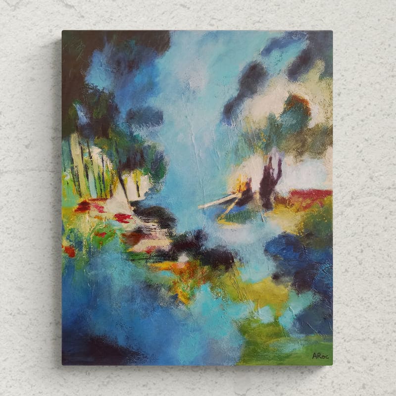Mise en situation de Maguelone 1, Peinture acrylique semi abstraite inspirée par une balade en septembre sur la presqu’île de Maguelone près de Montpellier dans la région du Languedoc