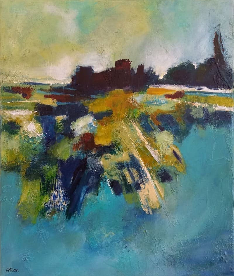 Maguelone 2, Peinture acrylique abstraite inspirée par une balade en septembre sur la presqu’île de Maguelone près de Montpellier dans la région du Languedoc