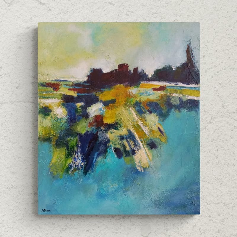 Mise en situation de Maguelone 2, Peinture acrylique abstraite inspirée par une balade en septembre sur la presqu’île de Maguelone près de Montpellier dans la région du Languedoc