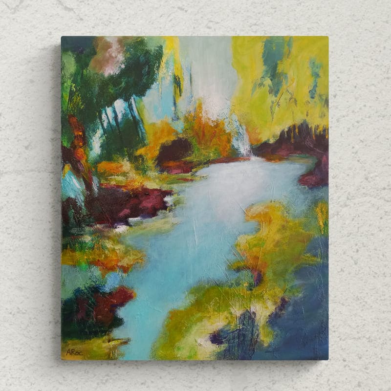 Mise en situation de Maguelone 3, Peinture acrylique abstraite inspirée par une balade en septembre sur la presqu’île de Maguelone près de Montpellier dans la région du Languedoc