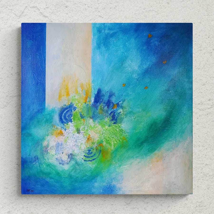Olonne, mise en situation de la Peinture acrylique abstraite bleue et verte inspirée par une séjour en automne aux Sables d'Olonne en Vendée
