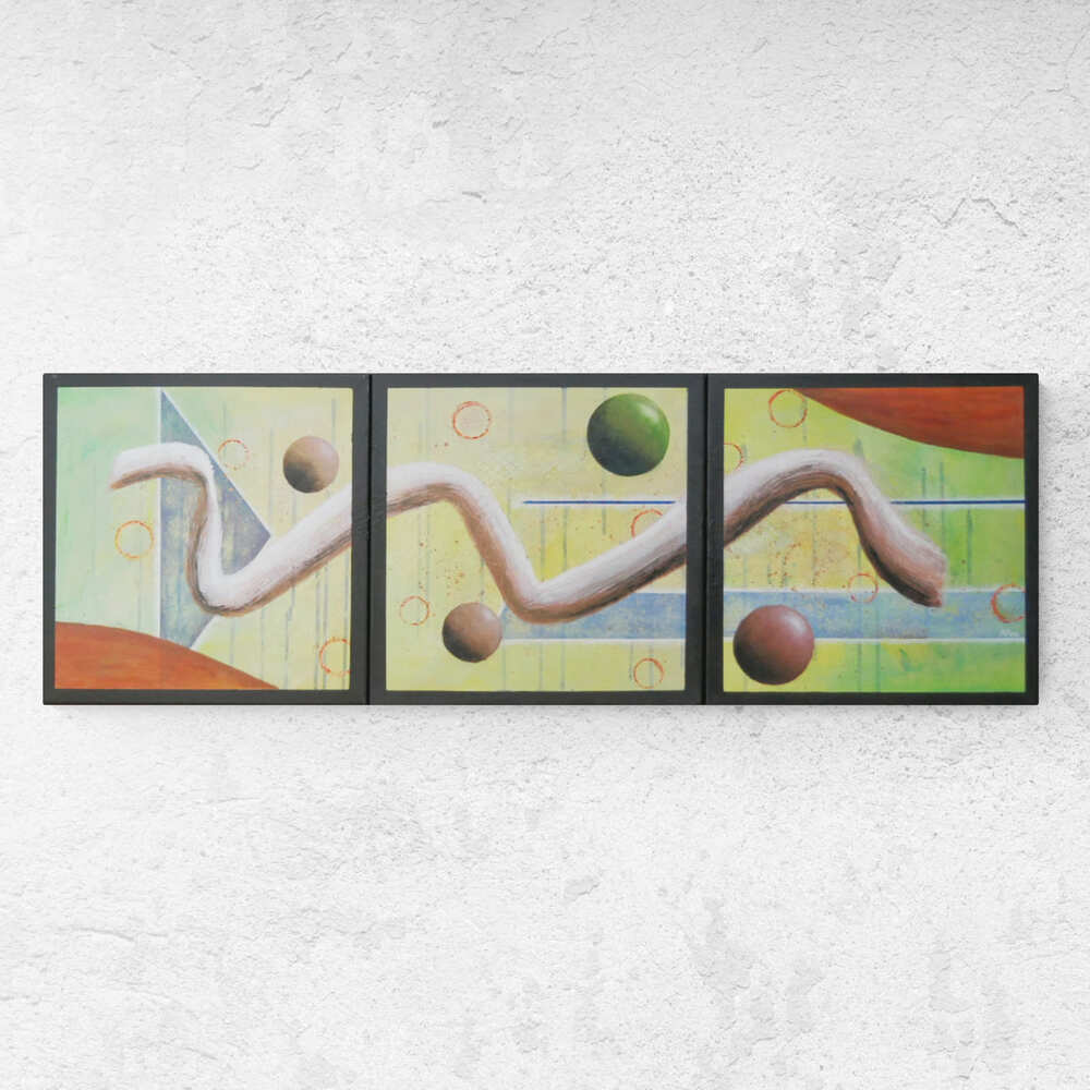Mise en situation de "Vebulax" tableau abstrait contemporain géométrique aux couleurs vert, jaune et bleu évoquant l'univers